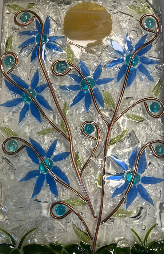 Rita Cutler - Blue Flowers With Moon Glass Mosiac